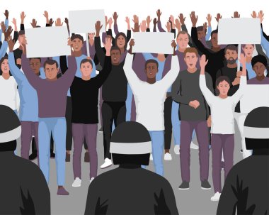 Elleri havada ve polis sınırsız insanları protesto etmek. İtiraz ediyorum. Ağ pankartları ve posterler için metin yeri şablonu