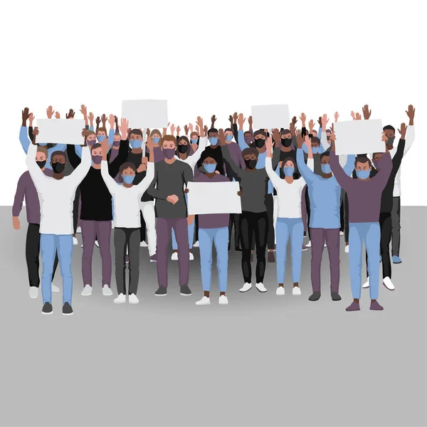 医療面マスクで手を上げて人々を抗議する 抗議イラストを公開 バナー ポスターのためのテキストの場所とテンプレート — ストックベクタ