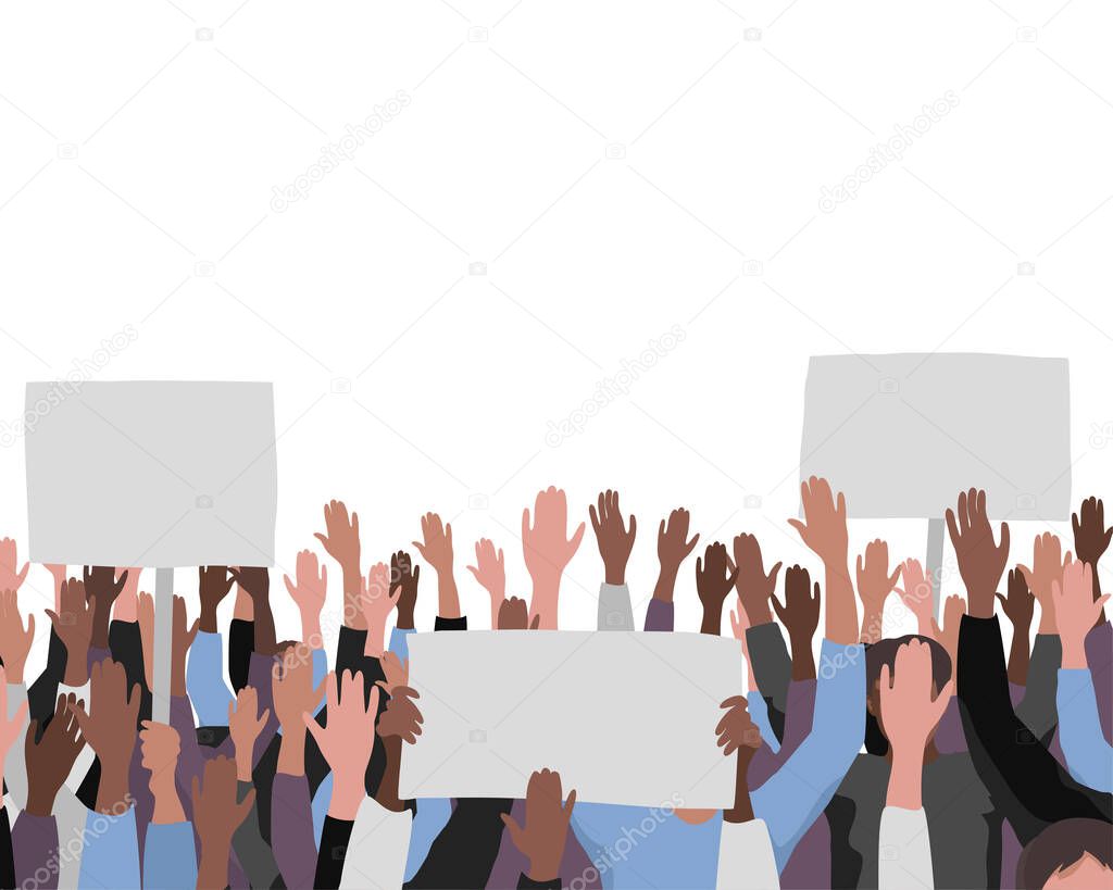 Hands up pattern with banners. Public people protest illustration. Template with text place for banners, posters