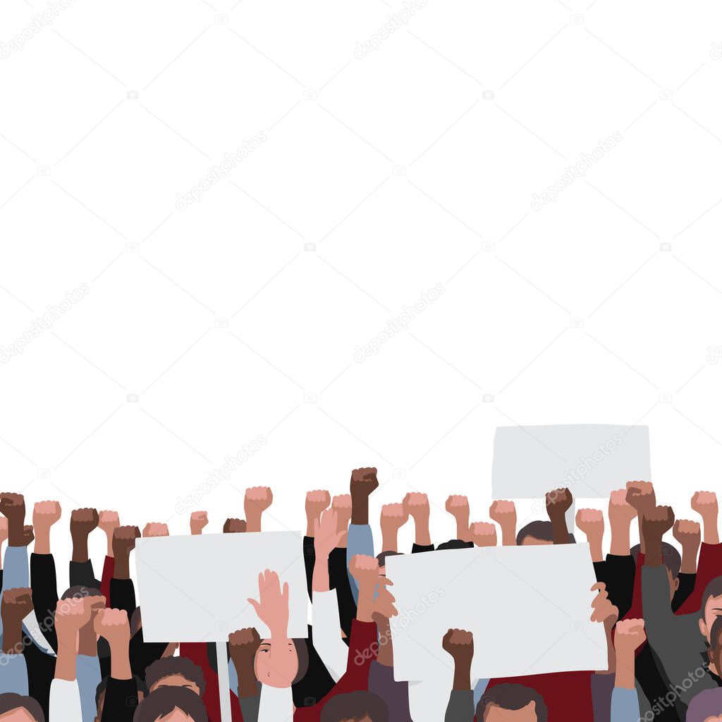 Fists raised pattern with banners. Public people protest illustration. Template with text place for banners, posters