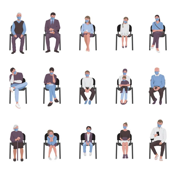 Distanciamiento social de adultos y niños sentados en sillas i y esperando en la cola — Vector de stock