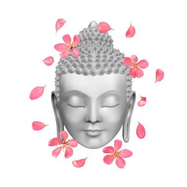 Pembe kiraz çiçekli Buda suratı. Budizm sembollü esrarengiz vektör çizimi, ruhani sanat, dövme.