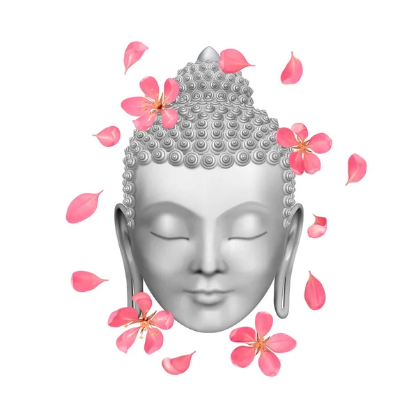 Лицо Будды Розовыми Вишневыми Цветами Эзотерическая Векторная Иллюстрация Символом Буддизма — стоковый вектор