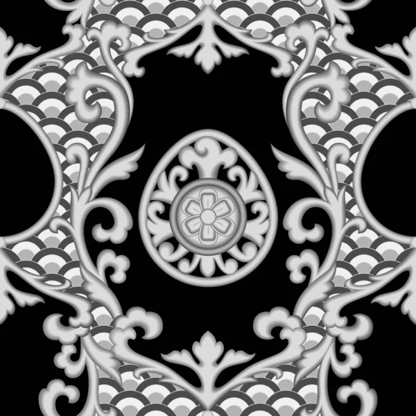 概要テキスタイル インテリアプリント タトゥー 着色ページ バロック装飾のための花アジアの黒と白のパターン — ストックベクタ