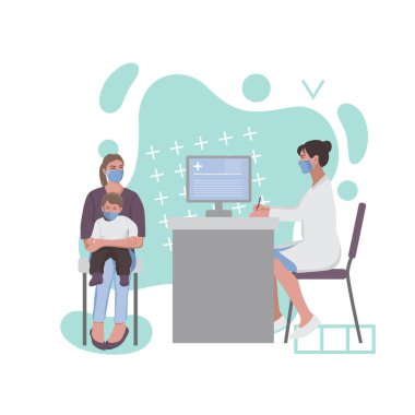 Doktor randevusunda çocuklu bir kadın. Soyut elementlerle kompozisyon