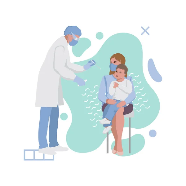 Bir çocukta boğaz enfeksiyonu testi. Coronavirus Covid 19 testi — Stok Vektör