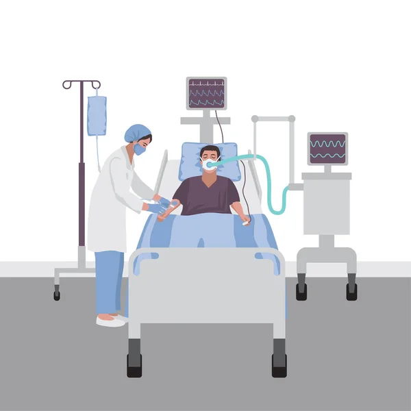 Patient in intensive care with a ventilator — Stock Vector