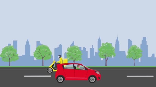 Nahtlose Animation Der Stadtstraße Mit Lieferwagen Und Motorrad Vor Urbanem — Stockvideo
