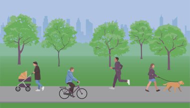 İnsanlar şehir parkında yürürler. Vektör illüstrasyonu.