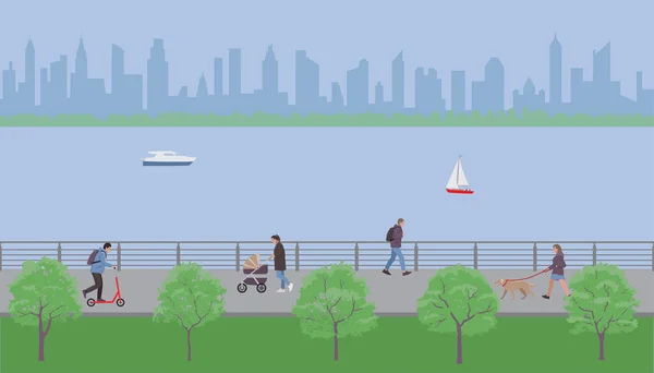 Lidé chodí po městském nábřežním parku. Vektorová ilustrace. — Stockový vektor