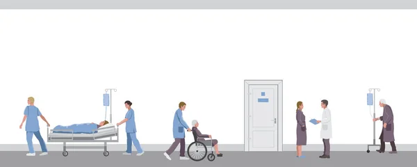 Zdravotničtí pracovníci, lékaři a pacienti v nemocniční chodbě — Stockový vektor