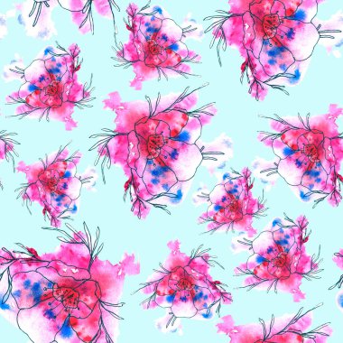 Açık mavi arkaplanda pembe renklerde boyalı büyük çiçeklerle kusursuz suluboya deseni.