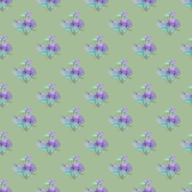 Lekesiz suluboya desenli, yeşil-mavi renklerde boyanmış çiçekler, açık bir arka grubunda.