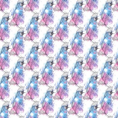 Açık arkaplanda pembe-mavi renkli çiçeklerle kusursuz suluboya deseni.