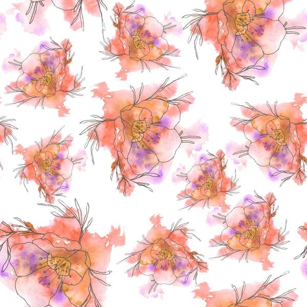 Αδιάλειπτη Υδατογραφία Μοτίβο Βαμμένα Λουλούδια Πορτοκαλί Χρώματα Μοτίβο Λευκό Φόντο — Φωτογραφία Αρχείου