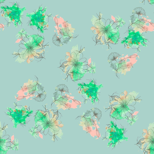 seamless watercolor pattern with painted pink-blue flowers on a light pink backgroun