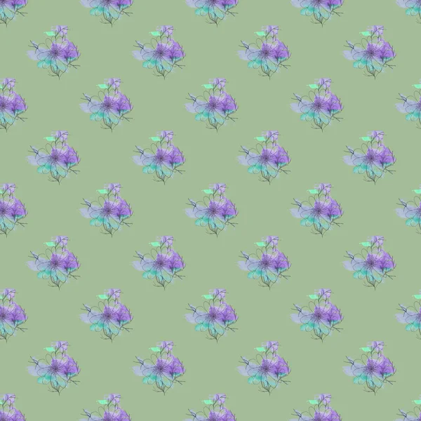 Seamless Watercolor Pattern Painted Flowers Green Blue Colors Light Backgroun — Stock Photo, Image