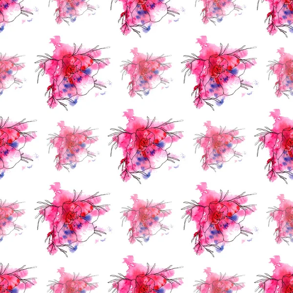 淡い背景にピンク色の花を描いたシームレスな水彩模様 — ストック写真