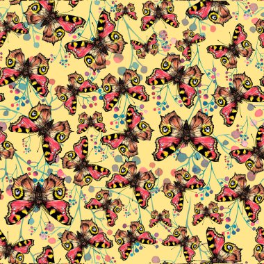 Kelebekler ve berrie ile elle çizilmiş dikişsiz suluboya deseni