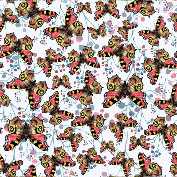 Disegno Acquerello Senza Cuciture Disegnato Mano Con Farfalle Berrie — Foto Stock