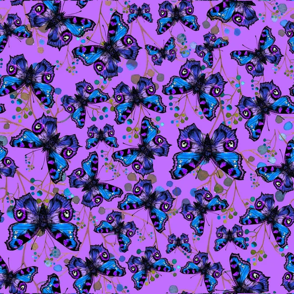 Handgezeichnetes Nahtloses Aquarellmuster Mit Schmetterlingen Und Beeren — Stockfoto