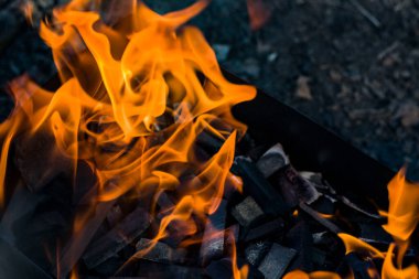 Yeryüzünün ve kömürlerin arka planında yanan parlak ateş.