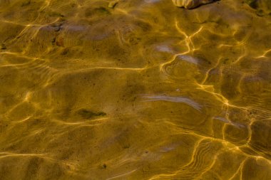 Suda uzanan kum manzarası ve sahile giden dalgalar güneşin sudaki yansıması.