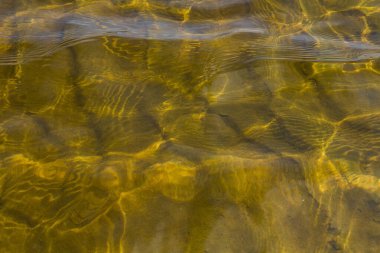 Suda uzanan kum manzarası ve sahile giden dalgalar güneşin sudaki yansıması.