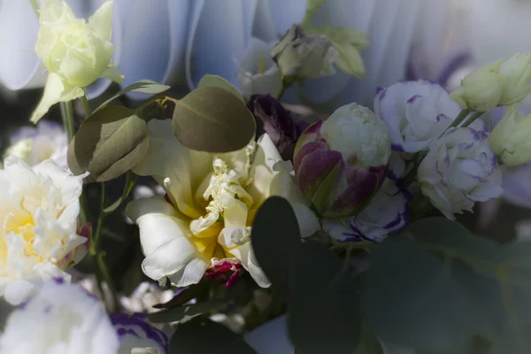 Buquê Flores Brancas Vermelhas Compostas Uma Bela Compositio — Fotografia de Stock