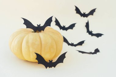 Işık arkaplanındaki sarı bir balkabağının yanında uçan siyah yarasaların siluetlerini yakın plan çek. Uzayı metin için kopyala. Cadılar Bayramı konsepti. Kartpostal düzeni.