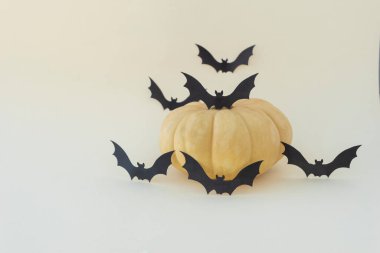 Hafif arka planda sarı bir balkabağının yanında uçan siyah yarasa siluetleri. Uzayı metin için kopyala. Cadılar Bayramı konsepti. Kartpostal düzeni.