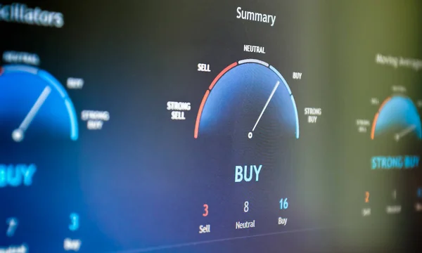 Närbild Grafisk Analys Aktiemarknaden Med Bildtext Skärmen Köp — Stockfoto