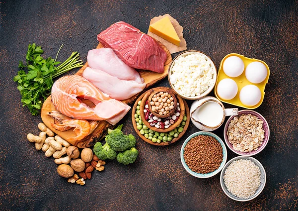Alimento Saludable Alto Proteínas Carne Pescado Productos Lácteos Nueces Frijoles — Foto de Stock