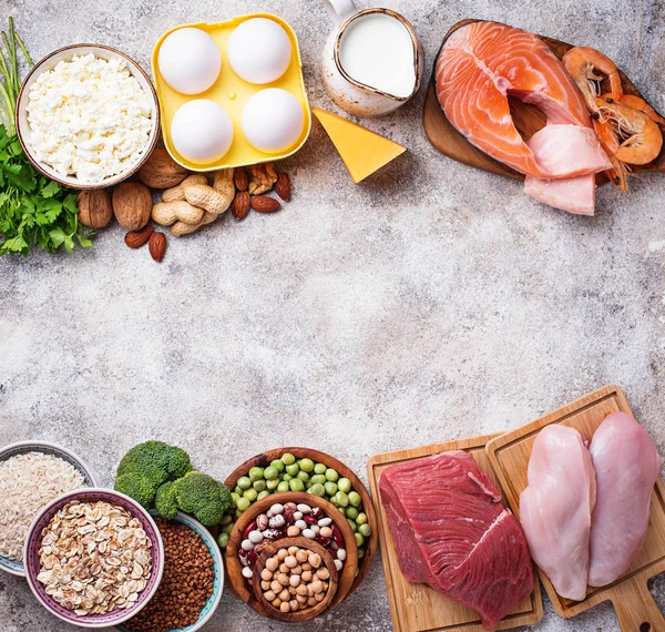 Alimento Saludable Alto Proteínas Carne Pescado Productos Lácteos Nueces Frijoles — Foto de Stock