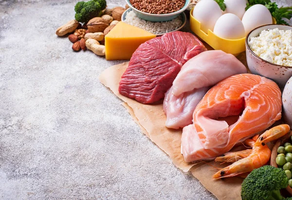 Alimento Saludable Alto Proteínas Carne Pescado Productos Lácteos Frutos Secos — Foto de Stock