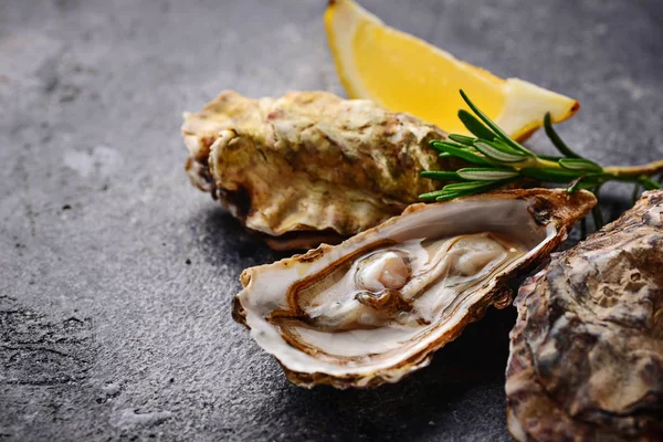 Frische Austern Mit Zitrone Und Rosmarin Selektiver Fokus — Stockfoto