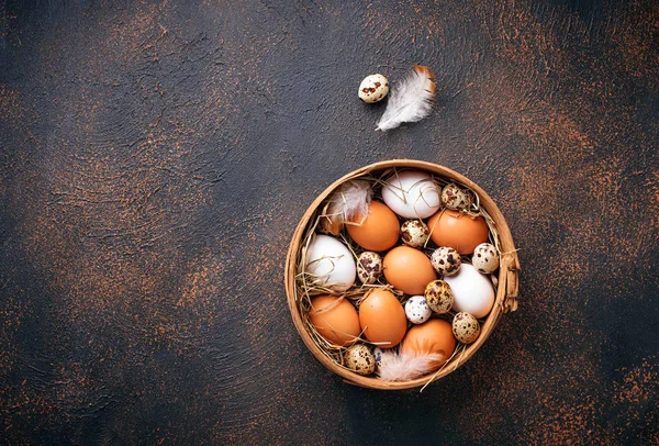 Taze çiğ tavuk ve elek bıldırcın yumurtası. Seçici odak