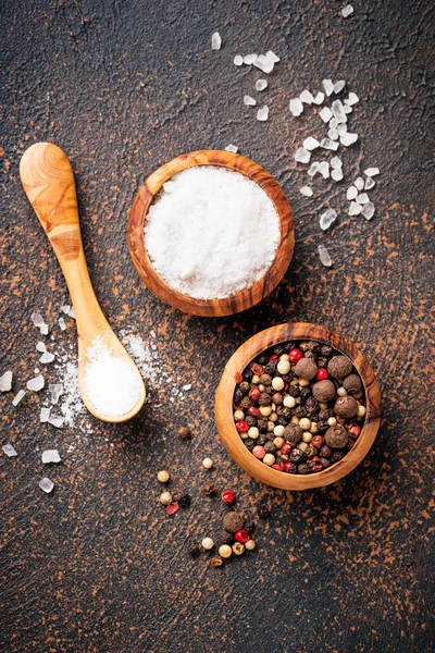 Salt Och Peppar Kulinariska Bakgrunden Ovanifrån — Stockfoto