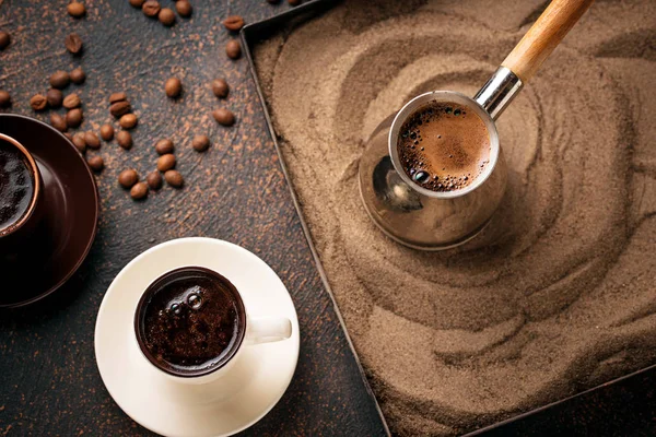 Traditional Turkish Coffee Cezve Prepared Hot Sand Selective Focus — Stock Photo, Image