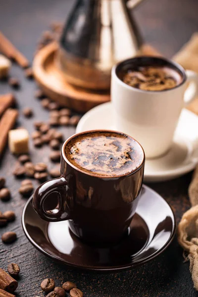 Composition Cups Coffee Cezve Beans Sugar Cinnamon Selective Focus Toned — Stock Photo, Image