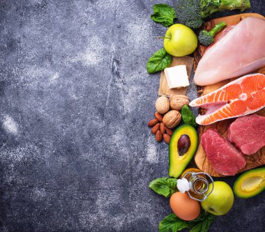 Sağlıklı düşük karbonhidrat ürünleri. Ketogenic diyet. 