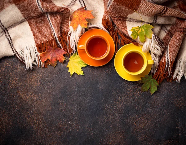 Autumn background with cup of tea, plaid and leaves — Stock Photo, Image