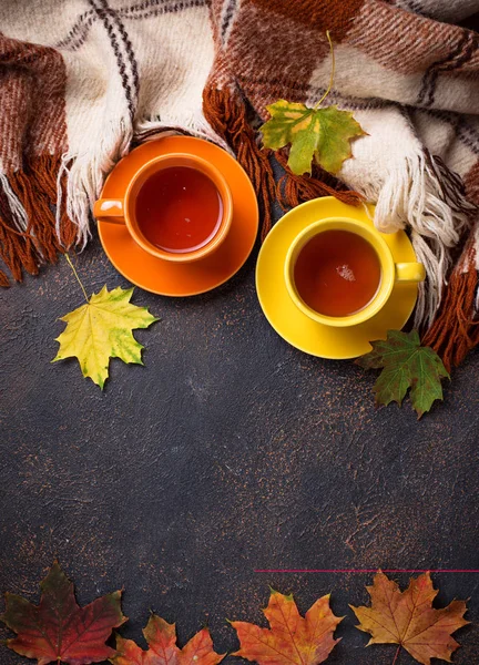 Fondo de otoño con taza de té, cuadros y hojas — Foto de Stock