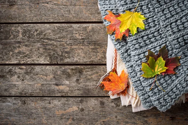 Autumn Background Plaid Leaves Space Text Overhead — Stock Photo, Image