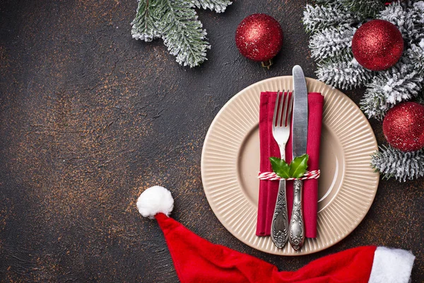 Christmas New Year Festive Table Setting Dark Background — Stock Photo, Image