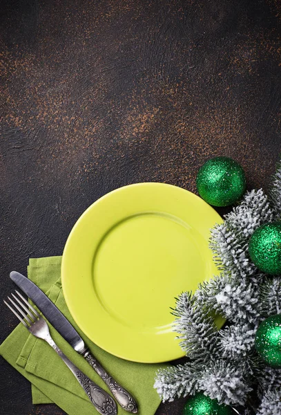 Christmas New Year Festive Table Setting Green Colors — Stock Photo, Image