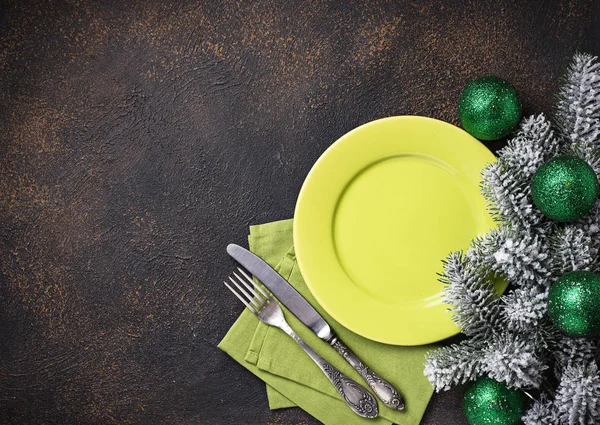 Christmas New Year Festive Table Setting Green Colors — Stock Photo, Image