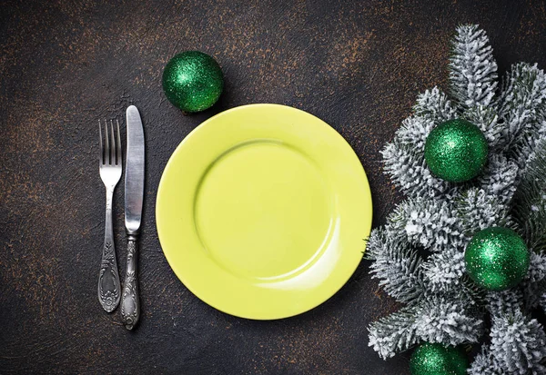 Christmas New Year Festive Table Setting Green Colors — Stock Photo, Image