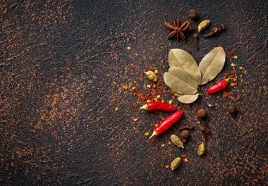 Hint yemekleri yemek pişirmek için masala baharatlar. Üstten görünüm