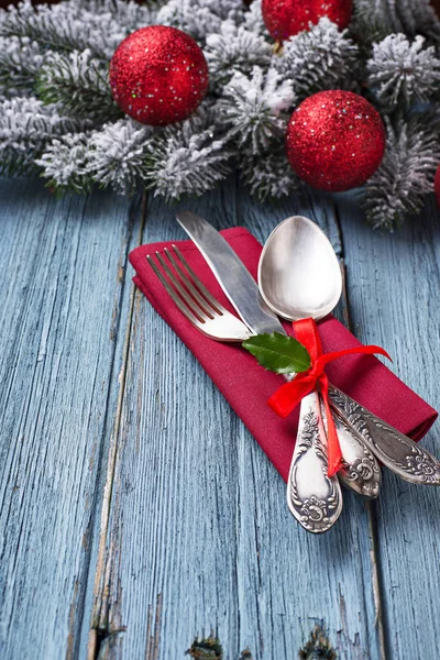 Christmas New Year Festive Table Setting Blue Wooden Background — Stock Photo, Image
